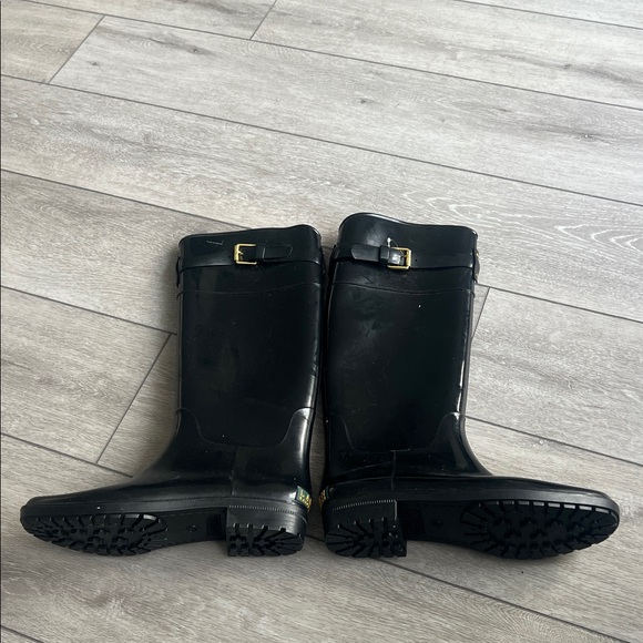 Ralph Lauren Black Tall Rain Boots with classic Gold Buckle size 10 - Picture 2 of 8